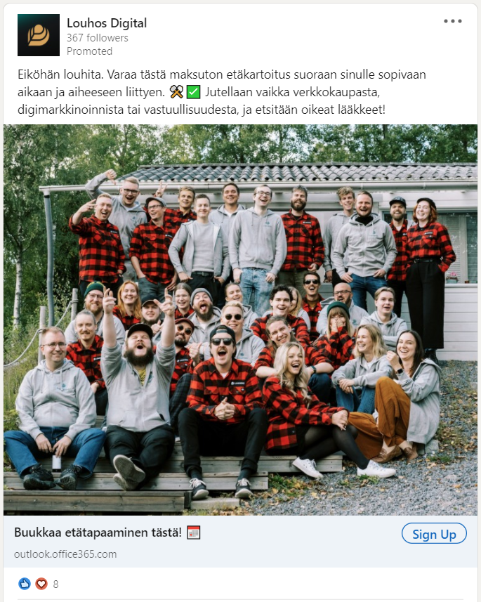 Linkedinin sponsoroitu julkaisu eli tavallinen syötemainos (englanniksi Sponsored Content)